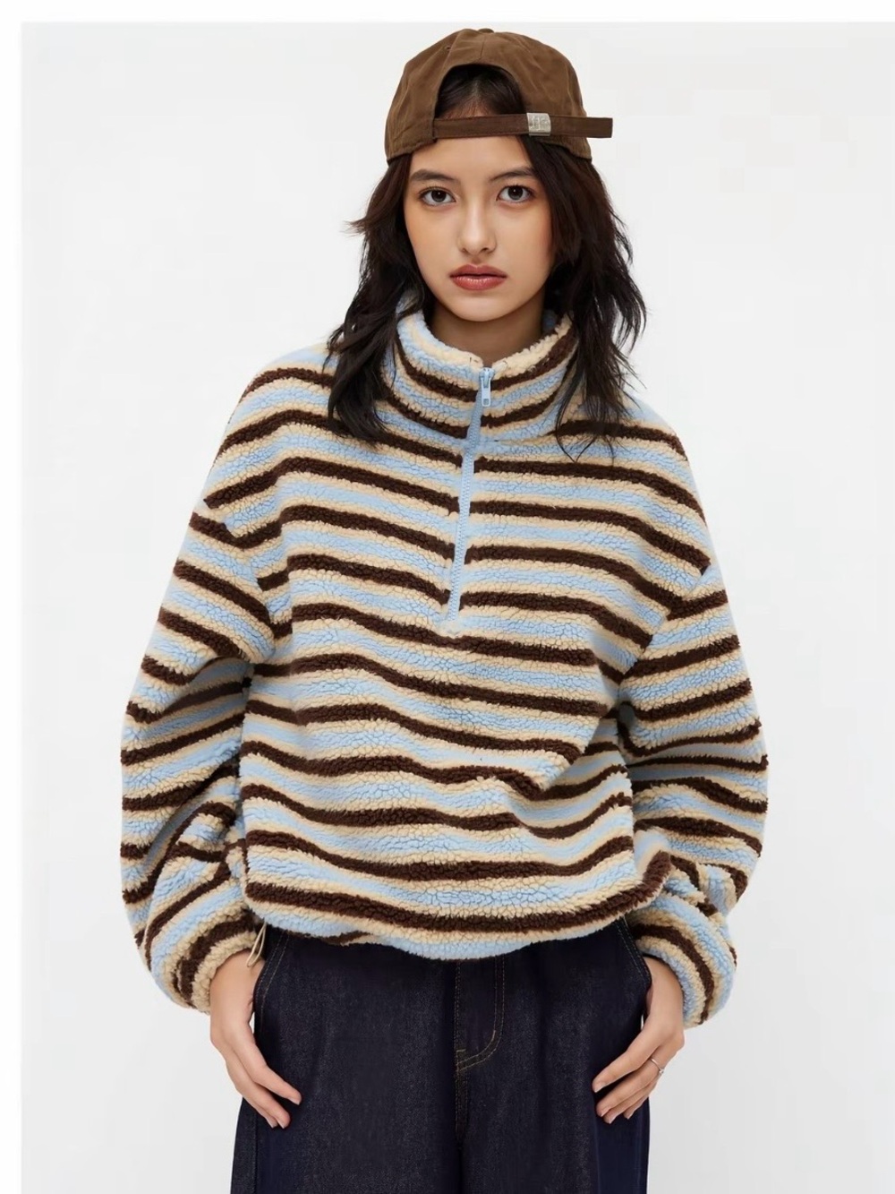 Cider Fleece Stripe Stand Collar Drawstring Half Zip Oversized Sweatshirt